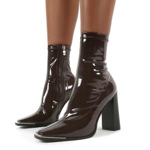Brown patent leather ankle boot